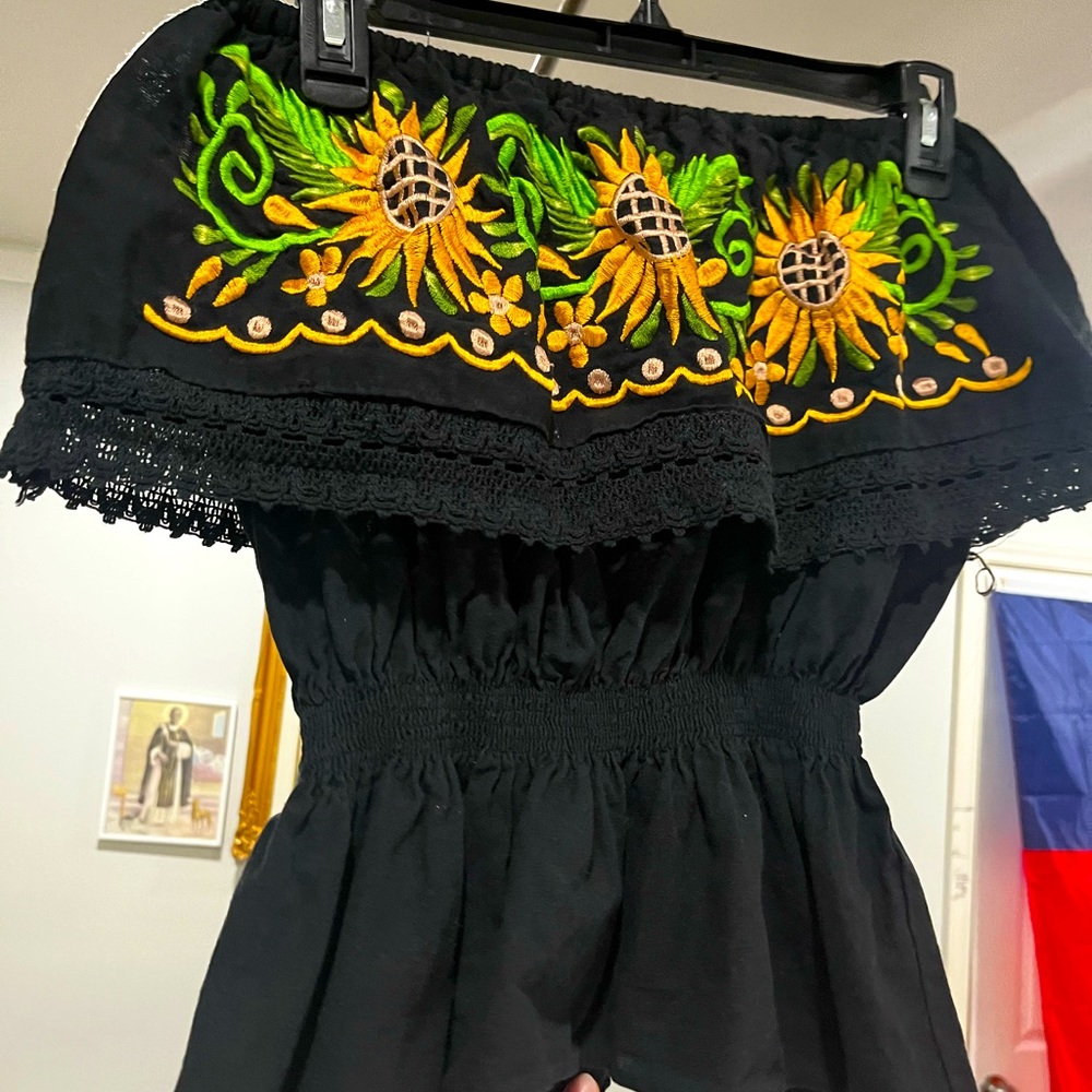 Off Shoulder Black Sunflower Mexican Blouse
